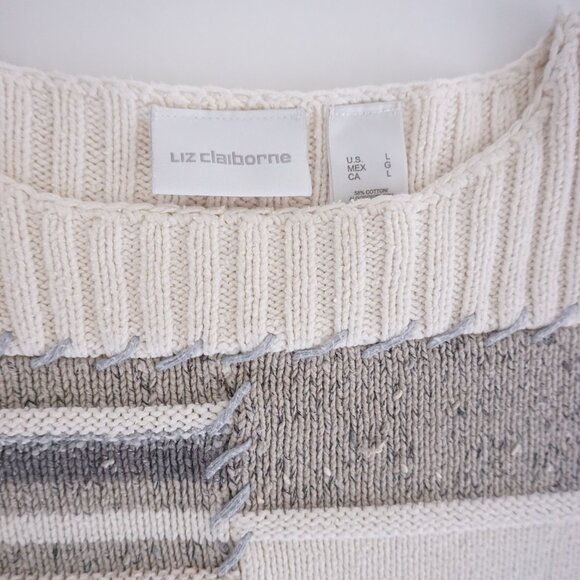 Liz Claiborne Patchwork Knit Sweater Neutral Gray Cream Minimalist Cottagecore L - Picture 9 of 9